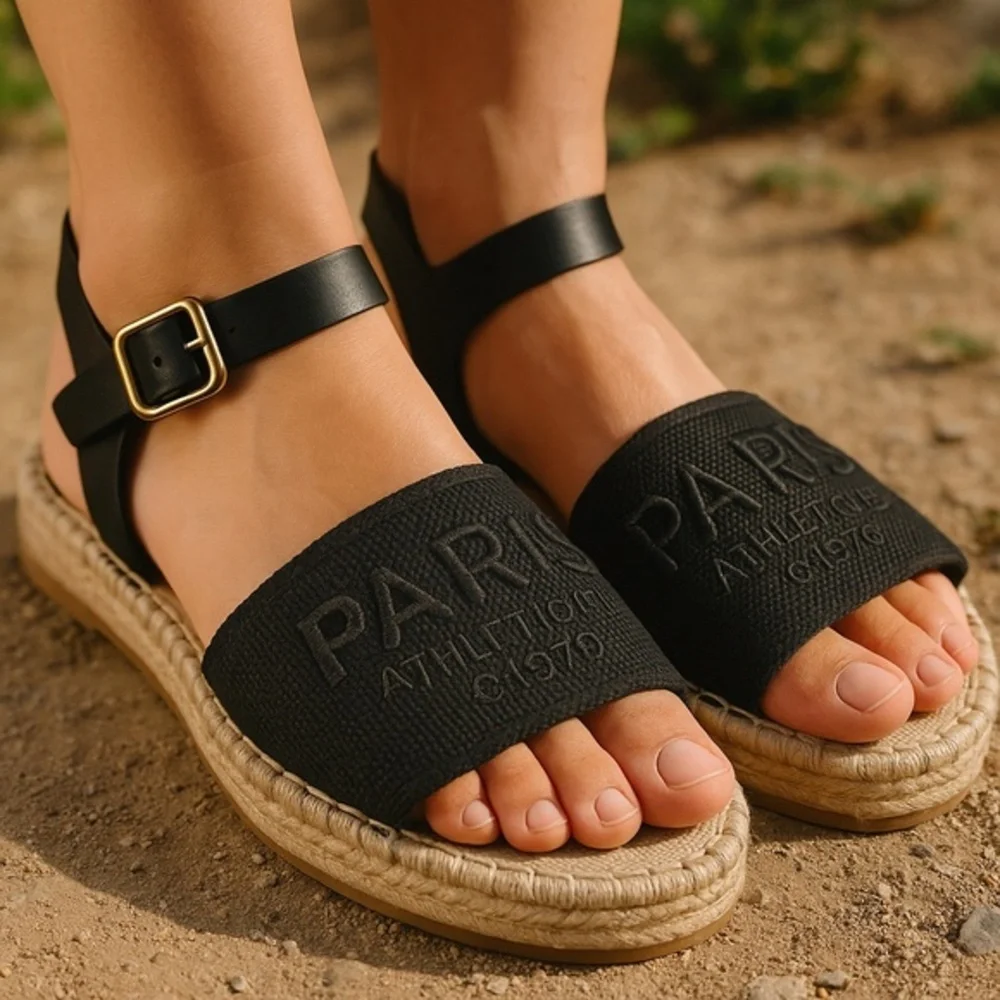 Black Platform Espadrille Sandals Paris Athletic Faux Leather Size 6